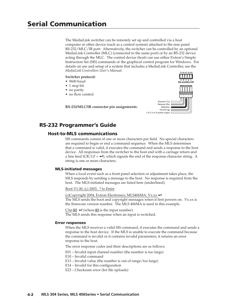 Ch4 serial comm.pdf, Preliminar y, Serial communication | Rs-3 programmer’s guide, Host-to-mls communications | Extron Electronics MLS 406SA User Manual | Page 36 / 62