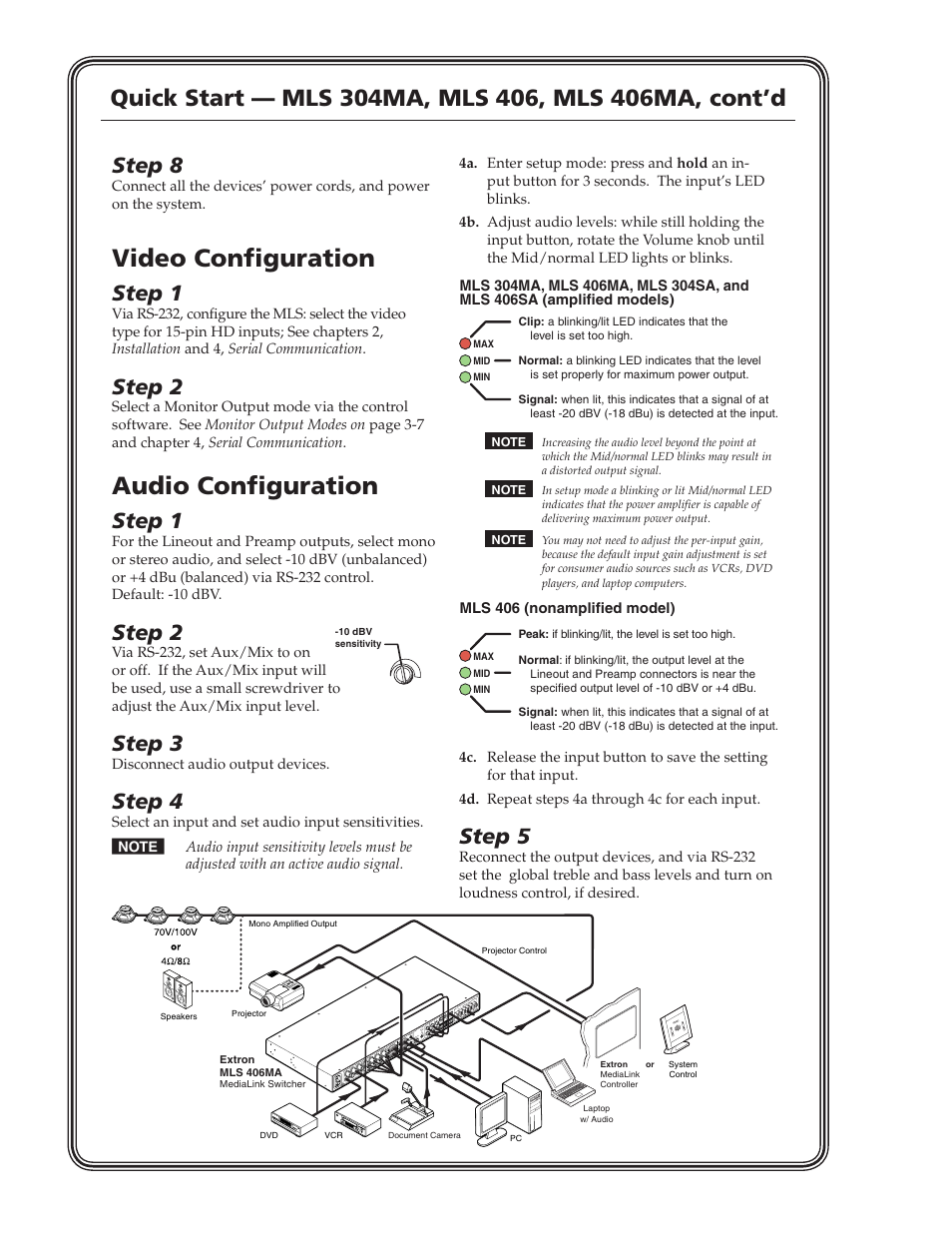 Video configuration, Audio configuration, Step 8 | Step 1, Step 2, Step 3, Step 4, Step 5 | Extron Electronics MLS 406SA User Manual | Page 4 / 62