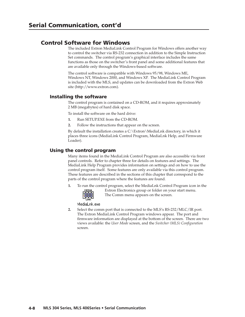 Preliminar y, Serial communication, cont’d, Control software for windows | Extron Electronics MLS 406SA User Manual | Page 42 / 62