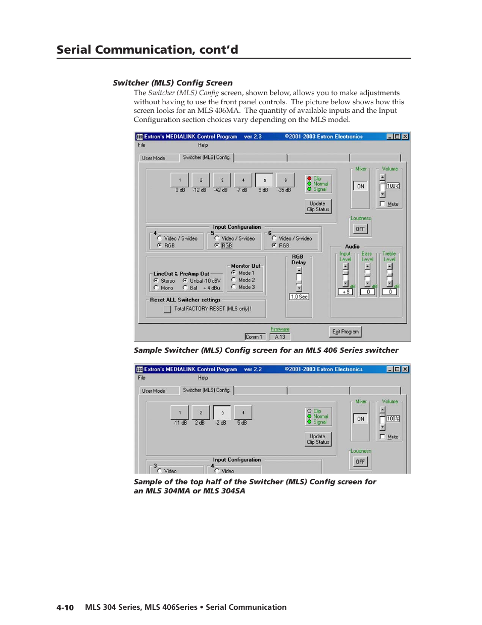 Preliminar y, Serial communication, cont’d | Extron Electronics MLS 406SA User Manual | Page 44 / 62