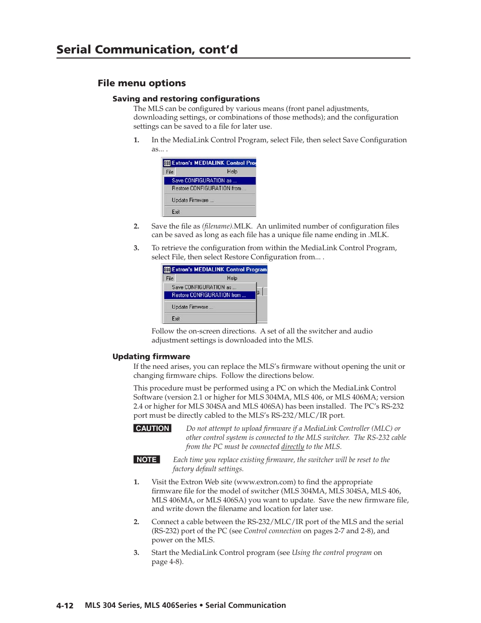 Preliminar y, Serial communication, cont’d | Extron Electronics MLS 406SA User Manual | Page 46 / 62