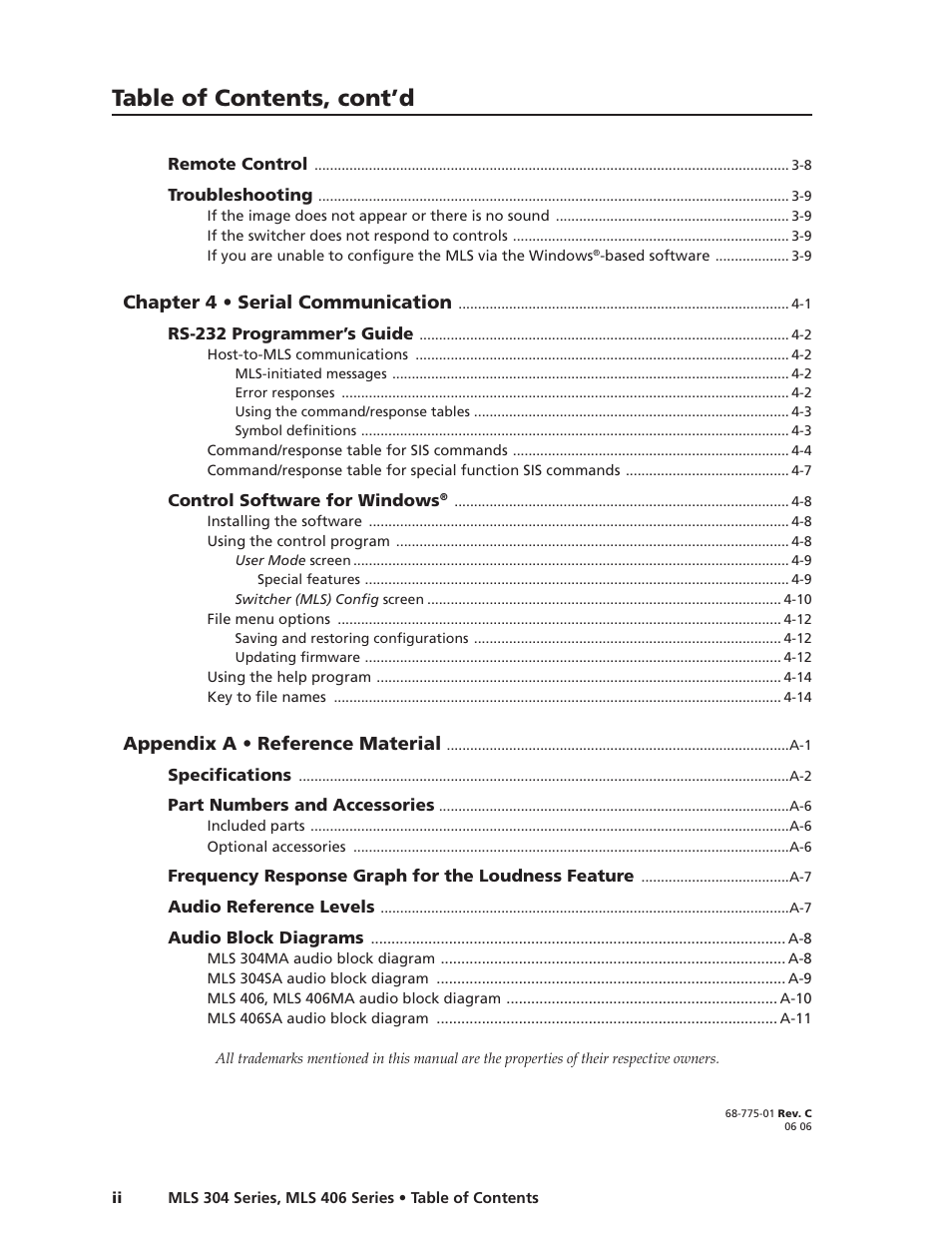 Preliminar y, Table of contents, cont’d | Extron Electronics MLS 406SA User Manual | Page 6 / 62
