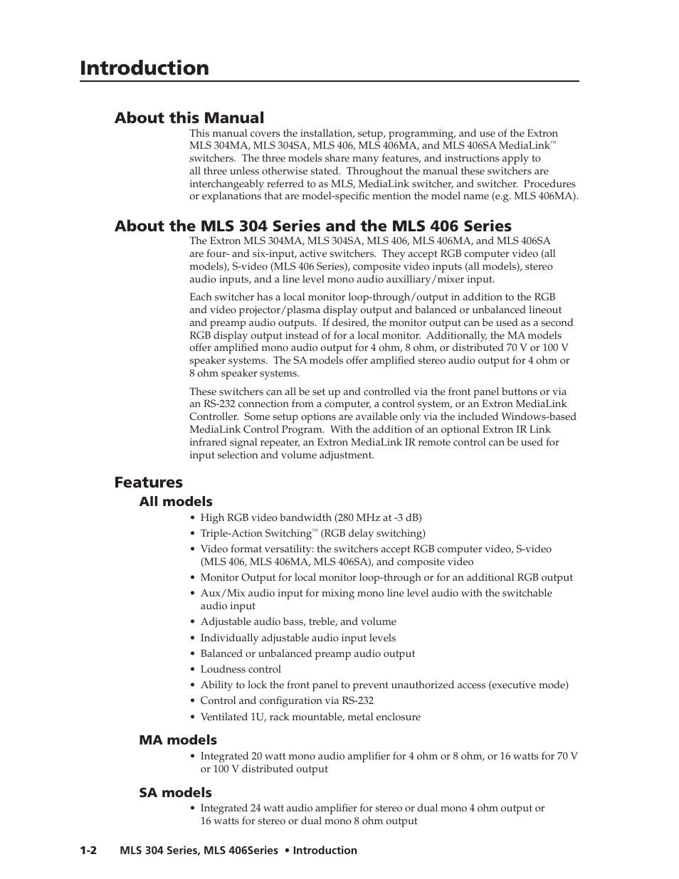 Ch1 introduction.pdf, Introduction, About this manual | Features | Extron Electronics MLS 406SA User Manual | Page 8 / 62