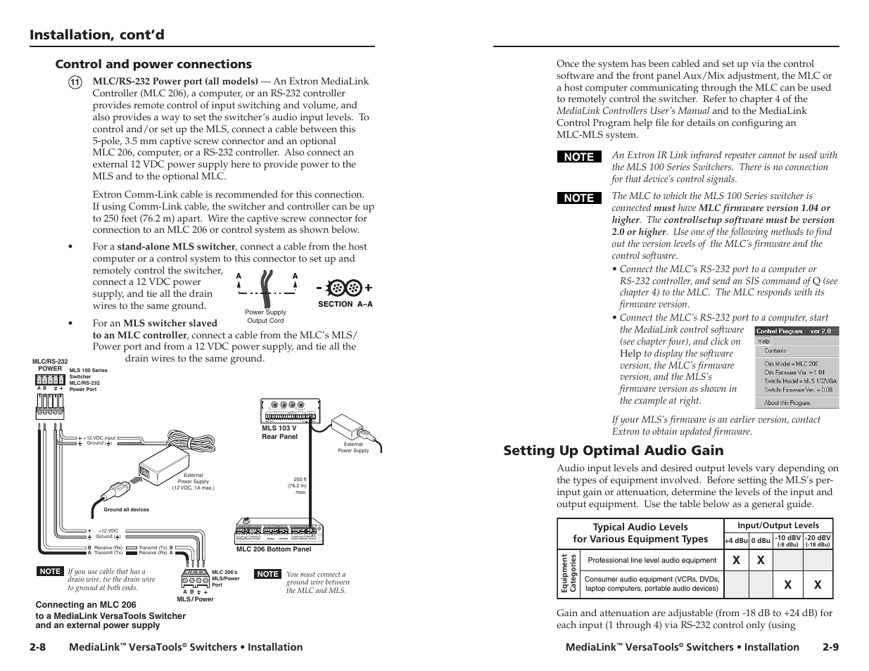 Setting up optimal audio gain, System, see, Control and power connections -8 | And see, For details, Installation, cont’d | Extron Electronics MLS 103 SV User Manual | Page 10 / 27