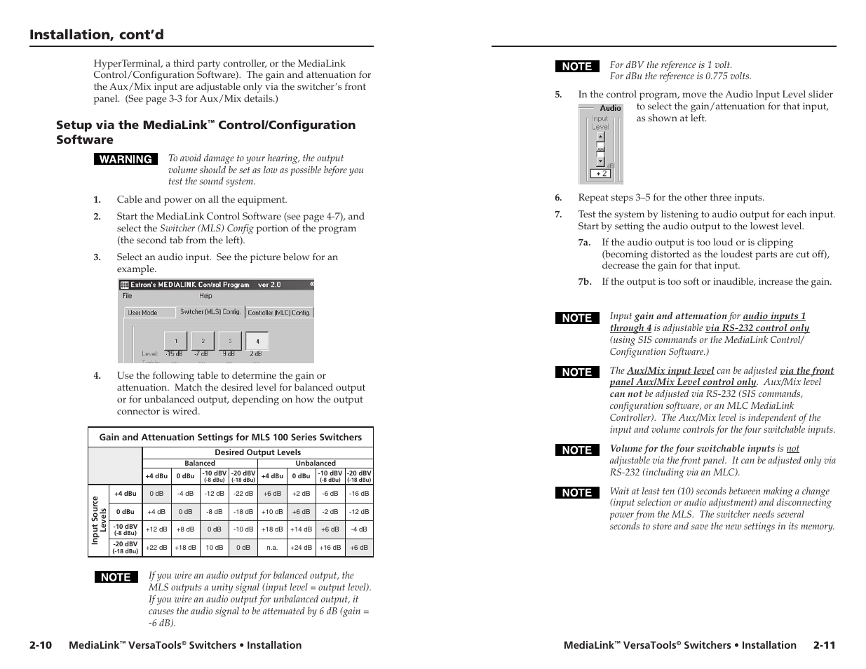 Setup via the medialink, Control/configuration software -10, Installation, cont’d | Control/configuration software | Extron Electronics MLS 103 SV User Manual | Page 11 / 27