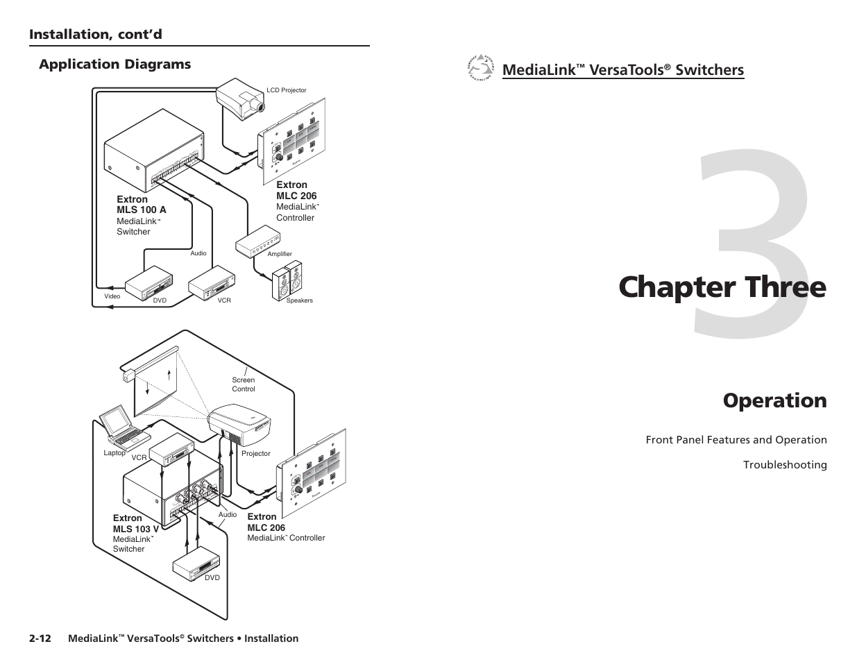 Application diagrams, Ch.3: operation, Chapter 3 • operation | Chapter three, Operation, Medialink, Versatools, Switchers | Extron Electronics MLS 103 SV User Manual | Page 12 / 27