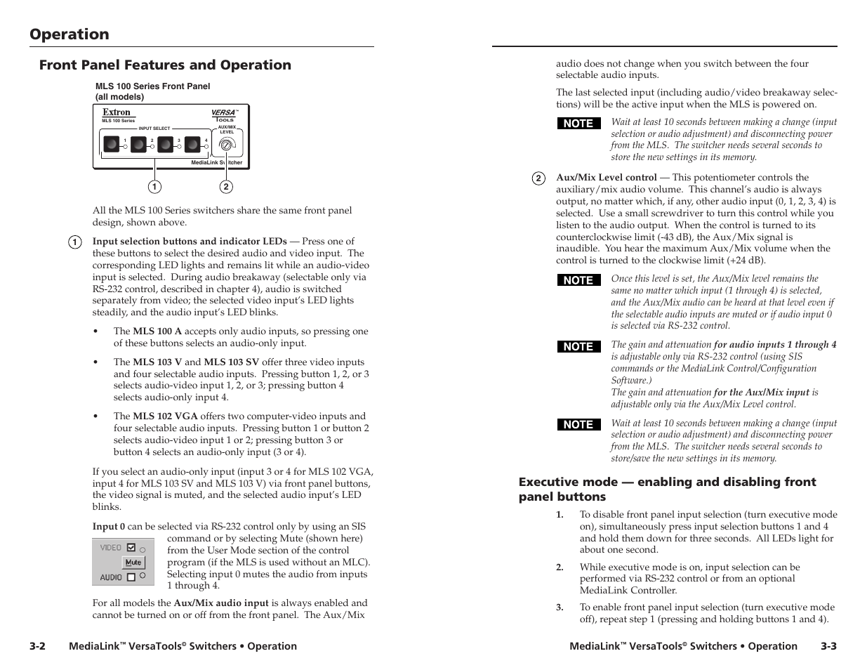 Front panel features and operation, Output. see, Operation | Extron Electronics MLS 103 SV User Manual | Page 13 / 27