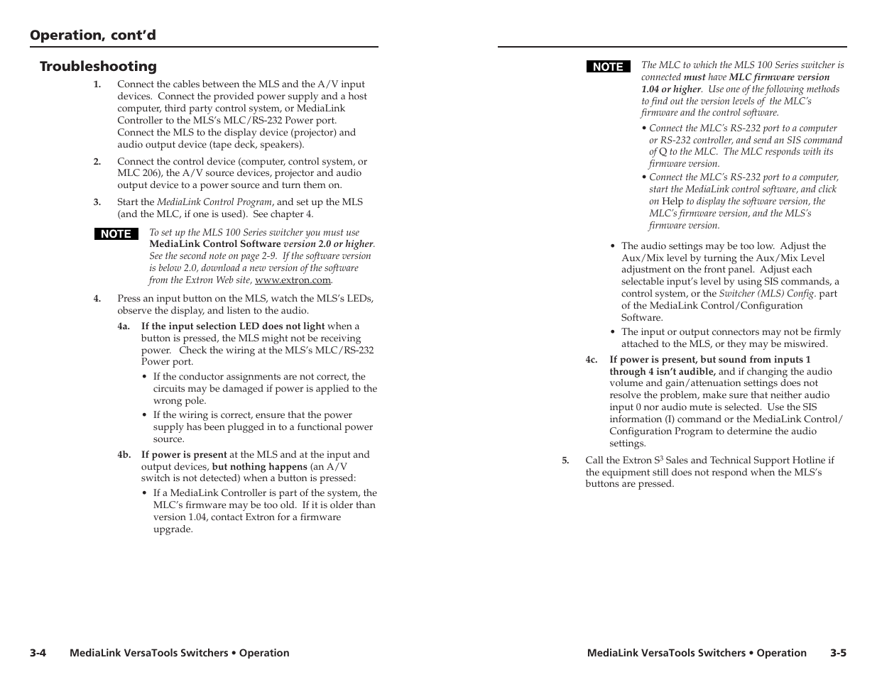 Troubleshooting, Operation, cont’d | Extron Electronics MLS 103 SV User Manual | Page 14 / 27