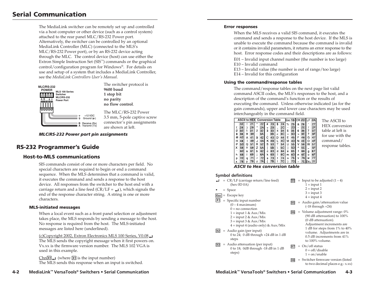 Rs-232 programmer's guide, Rs-232 programmer’s guide, Host-to-mls communications -2 | Serial communication, Host-to-mls communications | Extron Electronics MLS 103 SV User Manual | Page 16 / 27