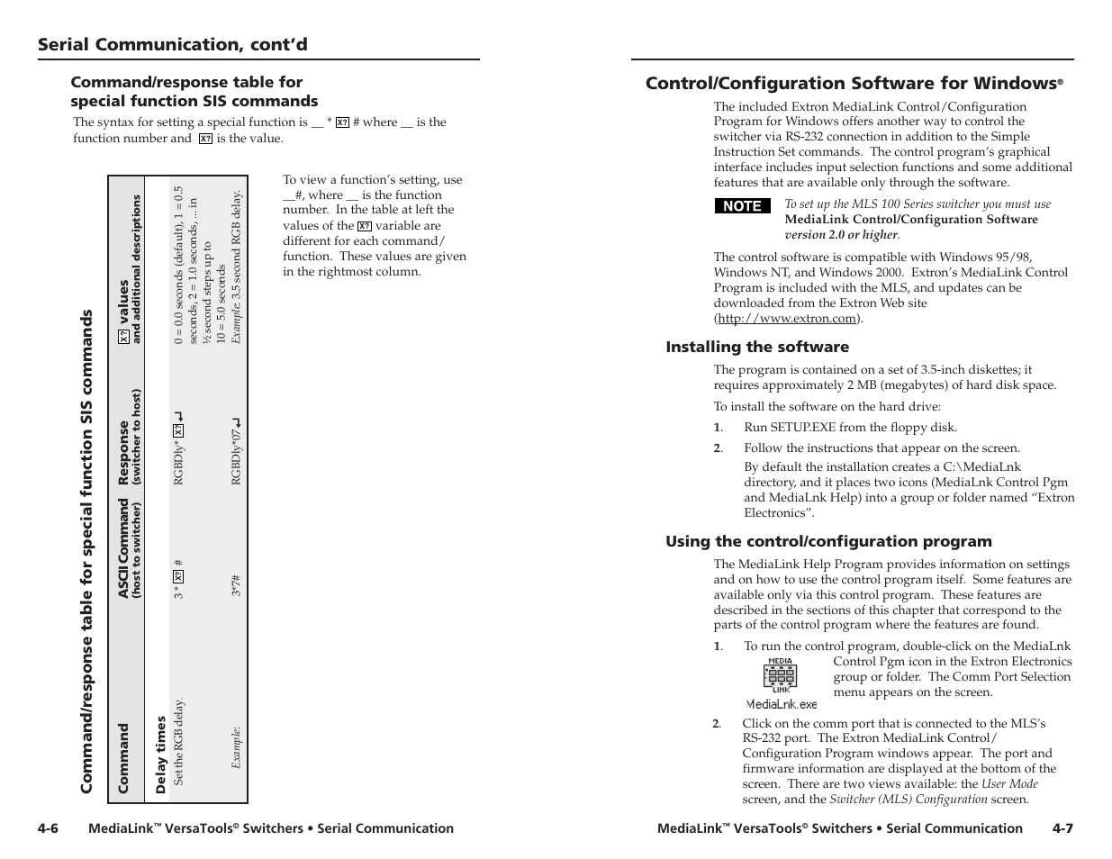 Control/configuration software for windows, Installing the software -7, Using the control/configuration program -7 | Extron Electronics MLS 103 SV User Manual | Page 18 / 27