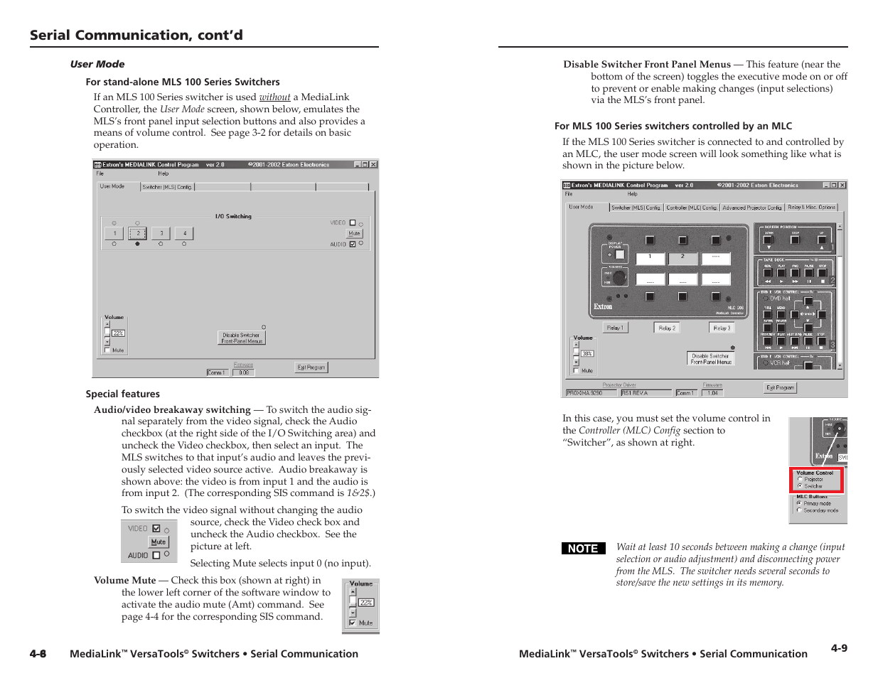 User mode -8, Serial communication, cont’d | Extron Electronics MLS 103 SV User Manual | Page 19 / 27