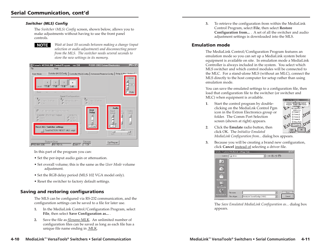 Switcher (mls) config -10, Serial communication, cont’d | Extron Electronics MLS 103 SV User Manual | Page 20 / 27
