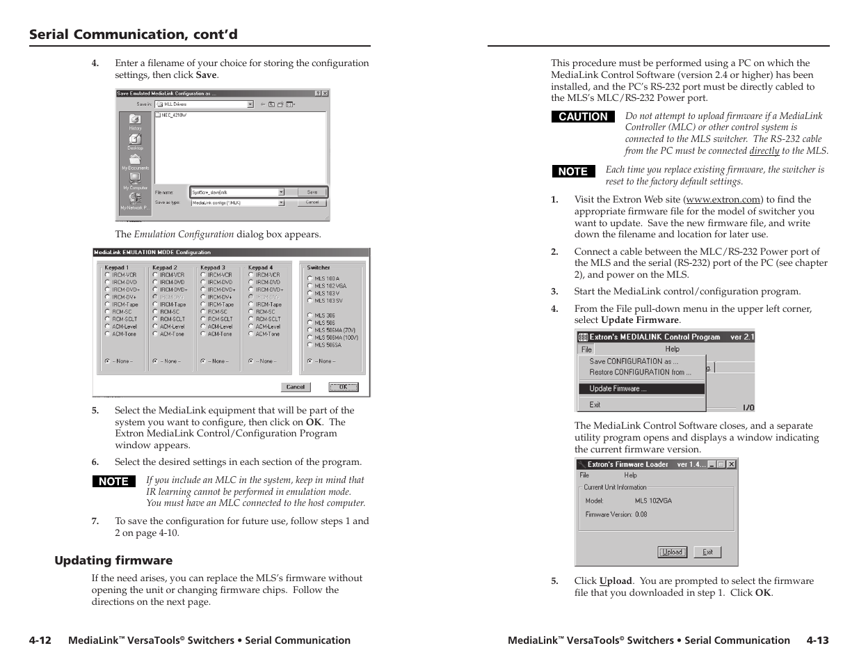 Updating firmware -12, Serial communication, cont’d | Extron Electronics MLS 103 SV User Manual | Page 21 / 27