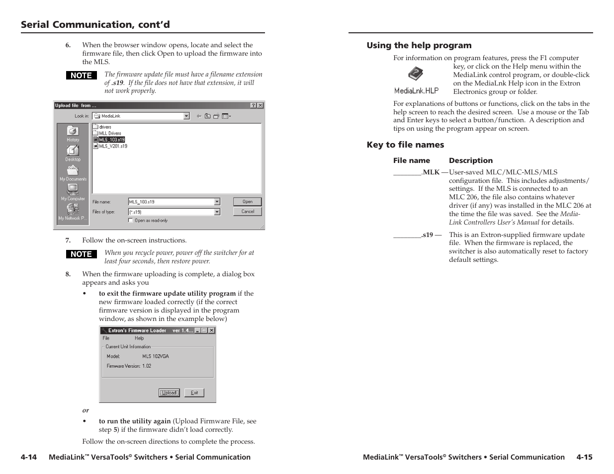 Using the help program -15 key to file names -15, Serial communication, cont’d | Extron Electronics MLS 103 SV User Manual | Page 22 / 27