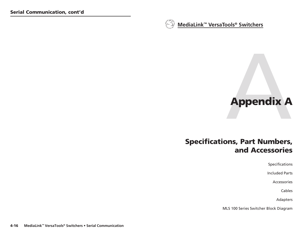 Appendix a • specifications, Part numbers, And accessories | Appendix a | Extron Electronics MLS 103 SV User Manual | Page 23 / 27