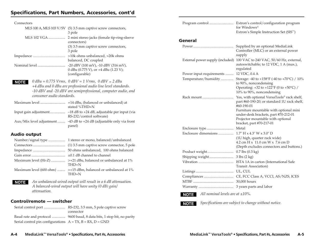 Specifications, part numbers, accessories, cont’d | Extron Electronics MLS 103 SV User Manual | Page 25 / 27