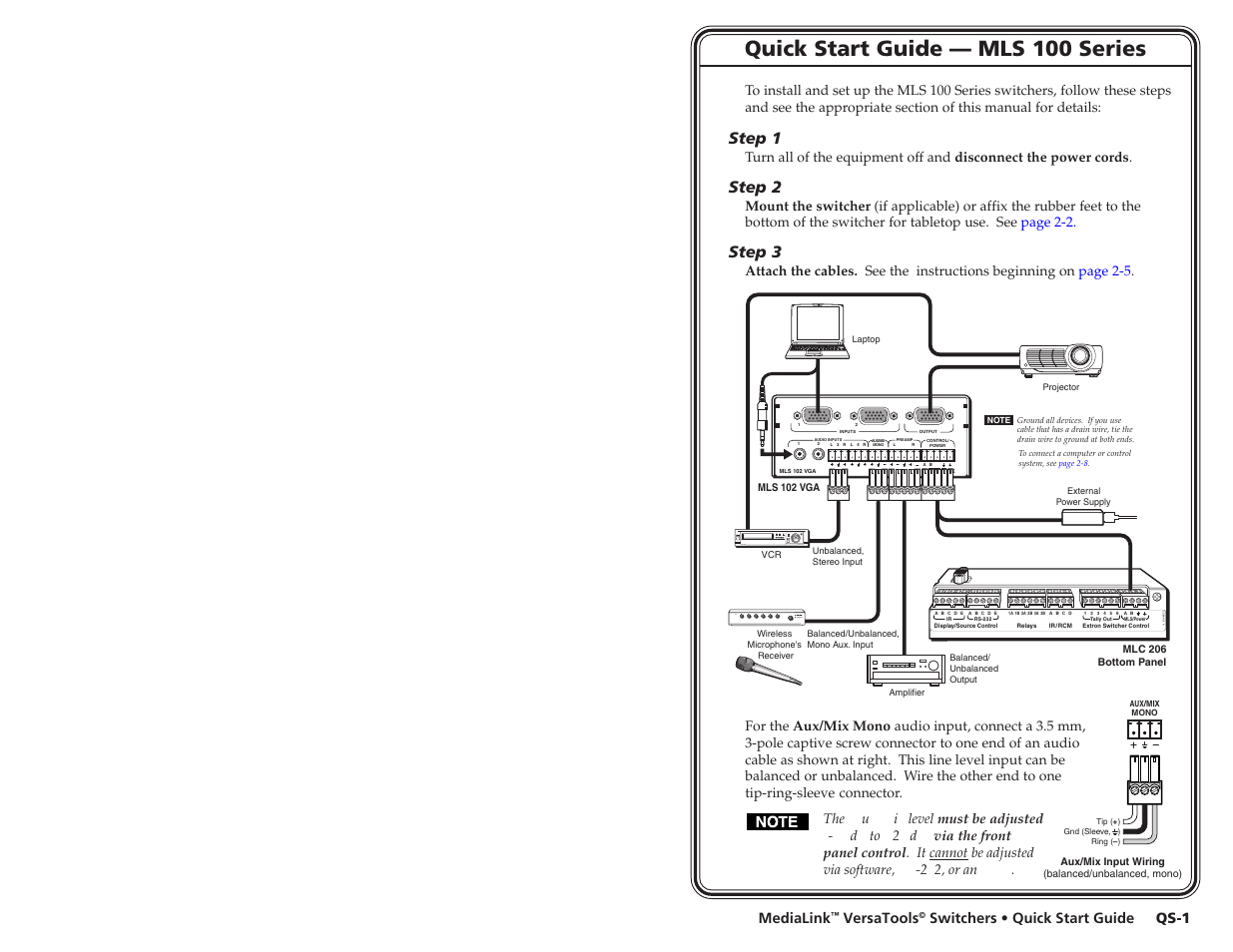 Quick start guide, Quick start guide — mls 100 series, Step 1 | Step 2, Step 3, Medialink, Versatools, Switchers • quick start guide, Qs-1 | Extron Electronics MLS 103 SV User Manual | Page 3 / 27