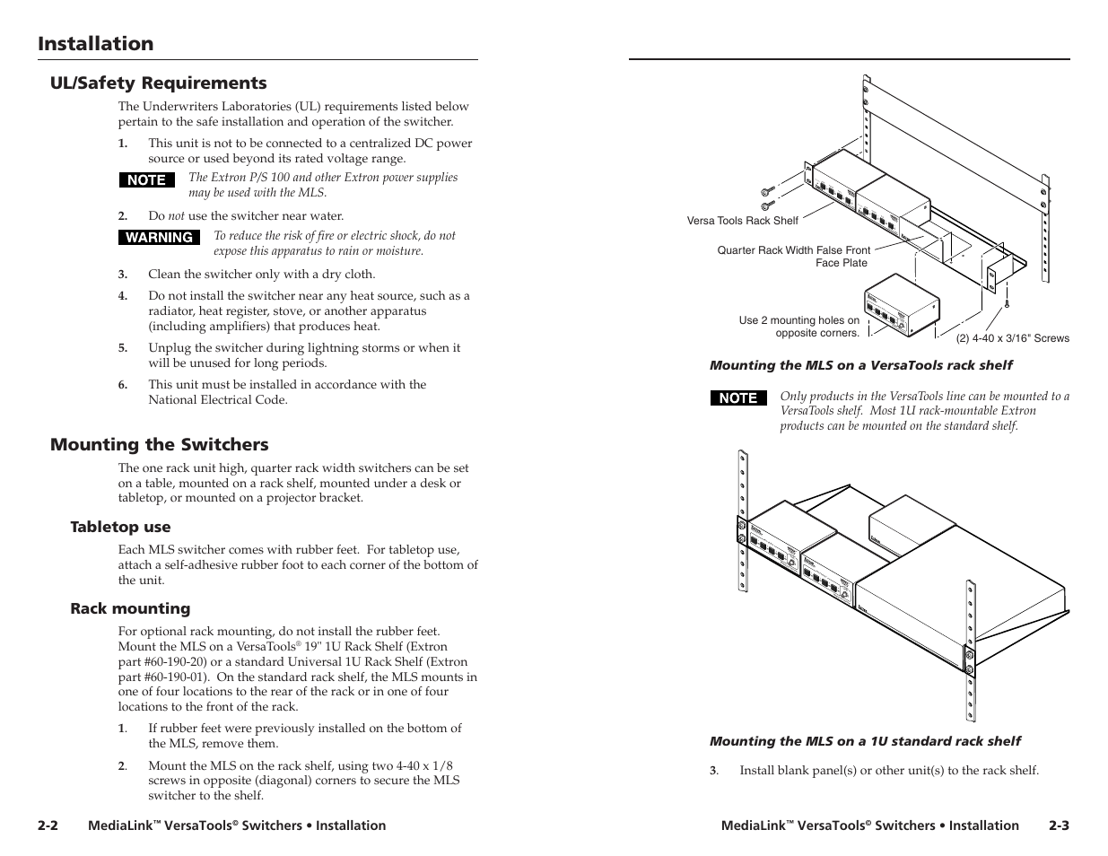 Ul/safety requirements, Mounting the switchers, Bottom of the switcher for tabletop use. see | Tabletop use -2 rack mounting -2 | Extron Electronics MLS 103 SV User Manual | Page 7 / 27