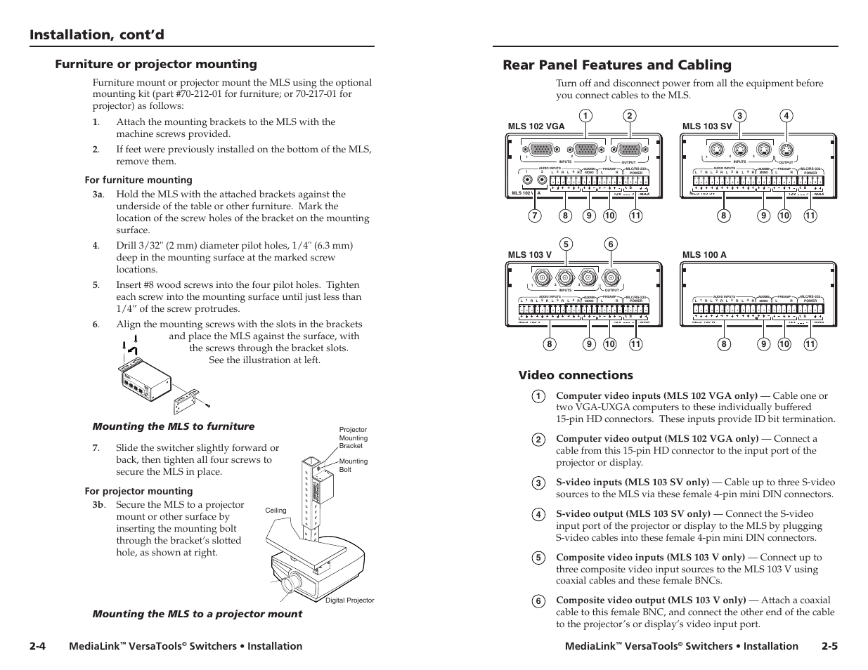 Rear panel features and cabling, Uctions beginning on, Furniture or projector mounting -4 | Video connections -5, Video connections, Furniture or projector mounting | Extron Electronics MLS 103 SV User Manual | Page 8 / 27