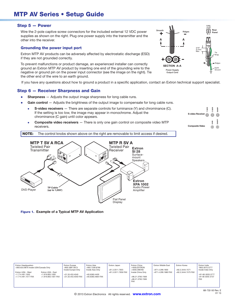 Mtp av series • setup guide, Step 5 — power, Step 6 — receiver sharpness and gain | Mtp t sv a rca, Mtp r sv a, Grounding the power input port, Lr 12v 0.5a max, Sharp l r, 12v 0.5a max, Twisted pair transmitter | Extron Electronics MTP AV Series Setup Guide User Manual | Page 2 / 2