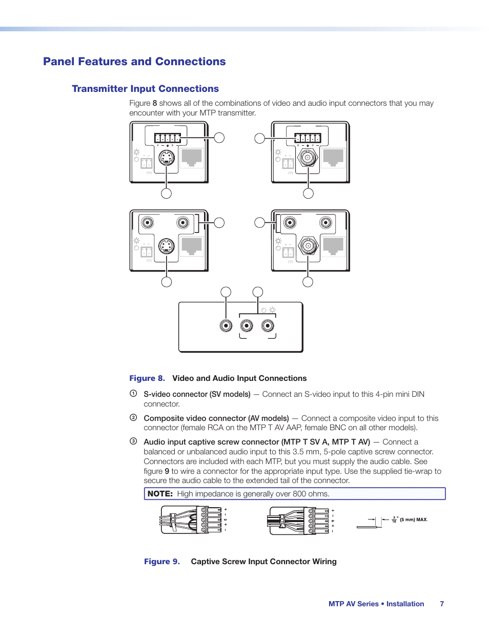 Panel features and connections, Transmitter input connections, Figure 8. video and audio input connections | Figure 9. captive screw input connector wiring, Mtp av series • installation 7 | Extron Electronics MTP AV Series User Guide User Manual | Page 13 / 23