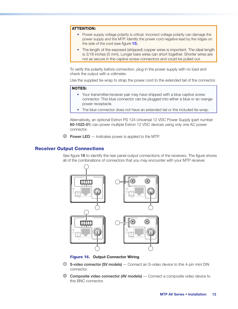 Receiver output connections, Attention, Figure 15 | Power led — indicates power is applied to the mtp, Figure 16. output connector wiring | Extron Electronics MTP AV Series User Guide User Manual | Page 18 / 23