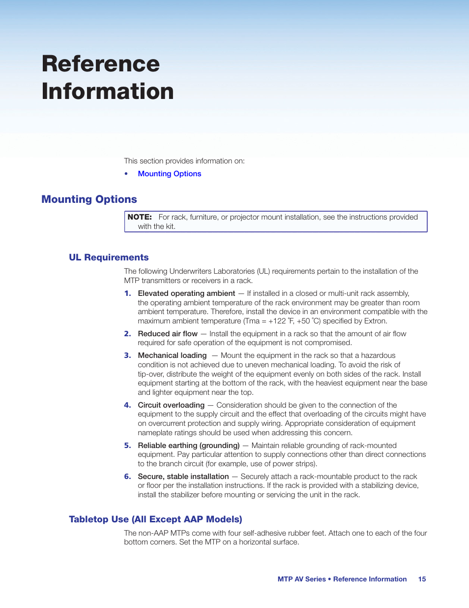 Reference information, Mounting options, Ul requirements | Tabletop use (all except aap models) | Extron Electronics MTP AV Series User Guide User Manual | Page 21 / 23
