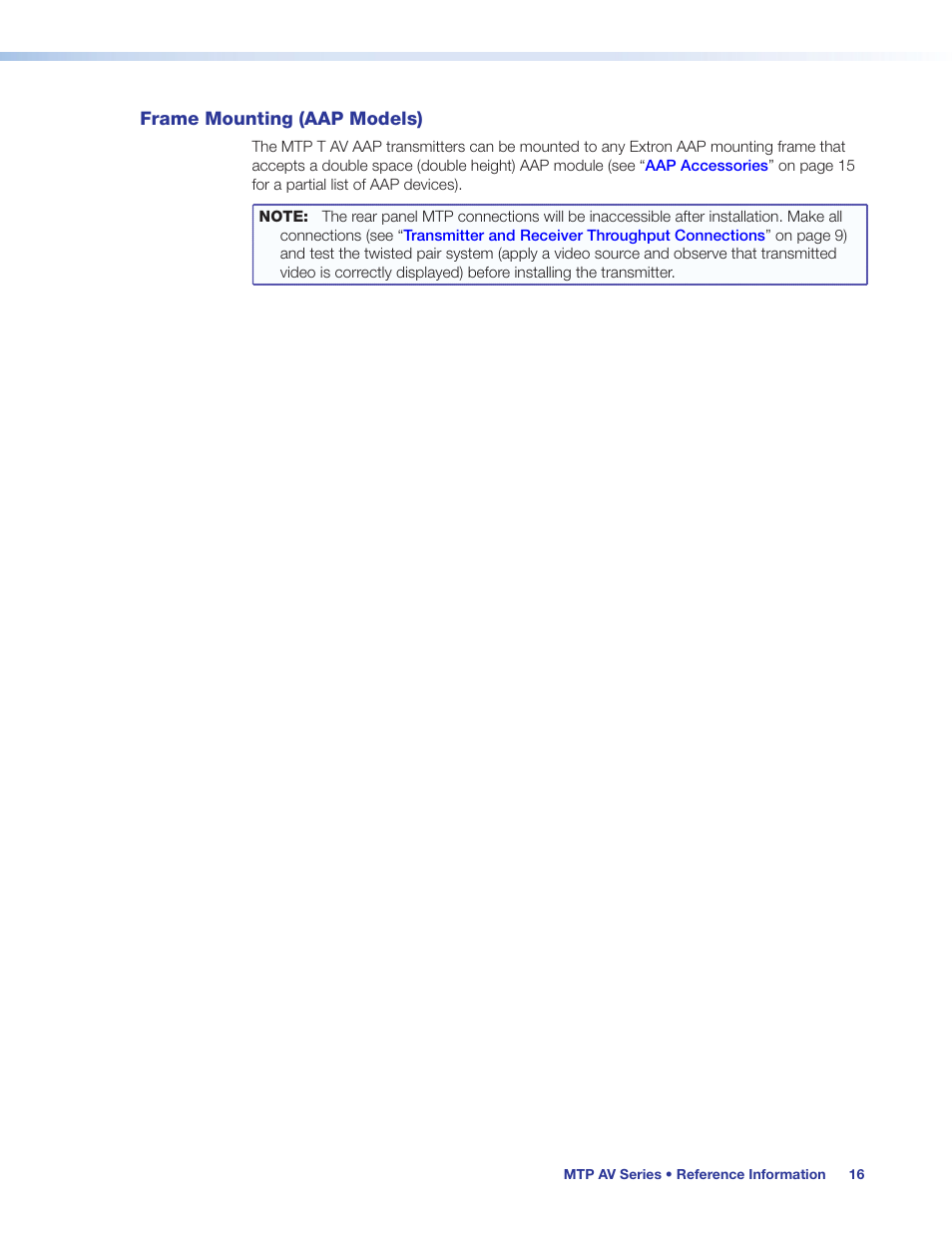 Frame mounting (aap models) | Extron Electronics MTP AV Series User Guide User Manual | Page 22 / 23