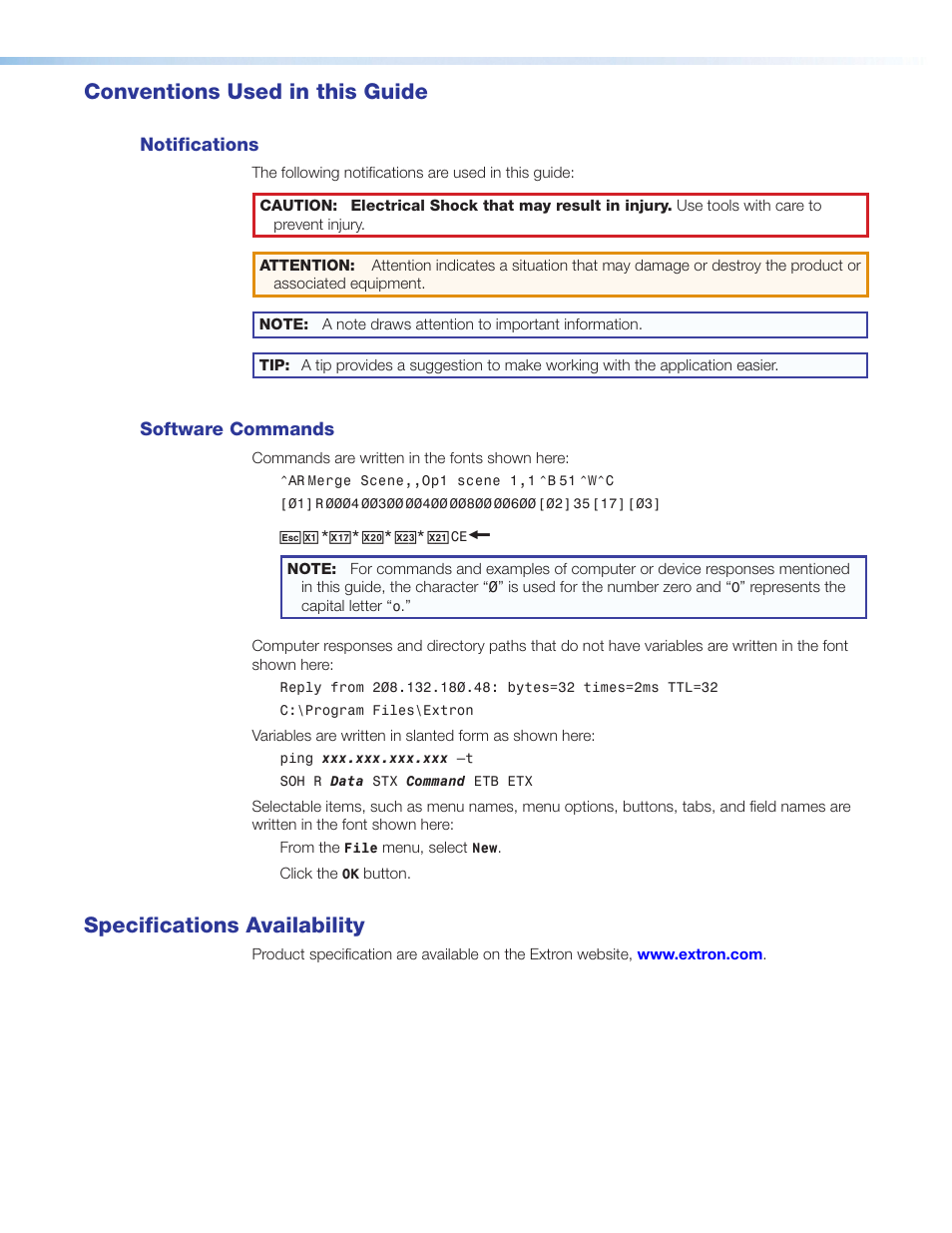 Conventions used in this guide, Specifications availability | Extron Electronics MTP AV Series User Guide User Manual | Page 4 / 23