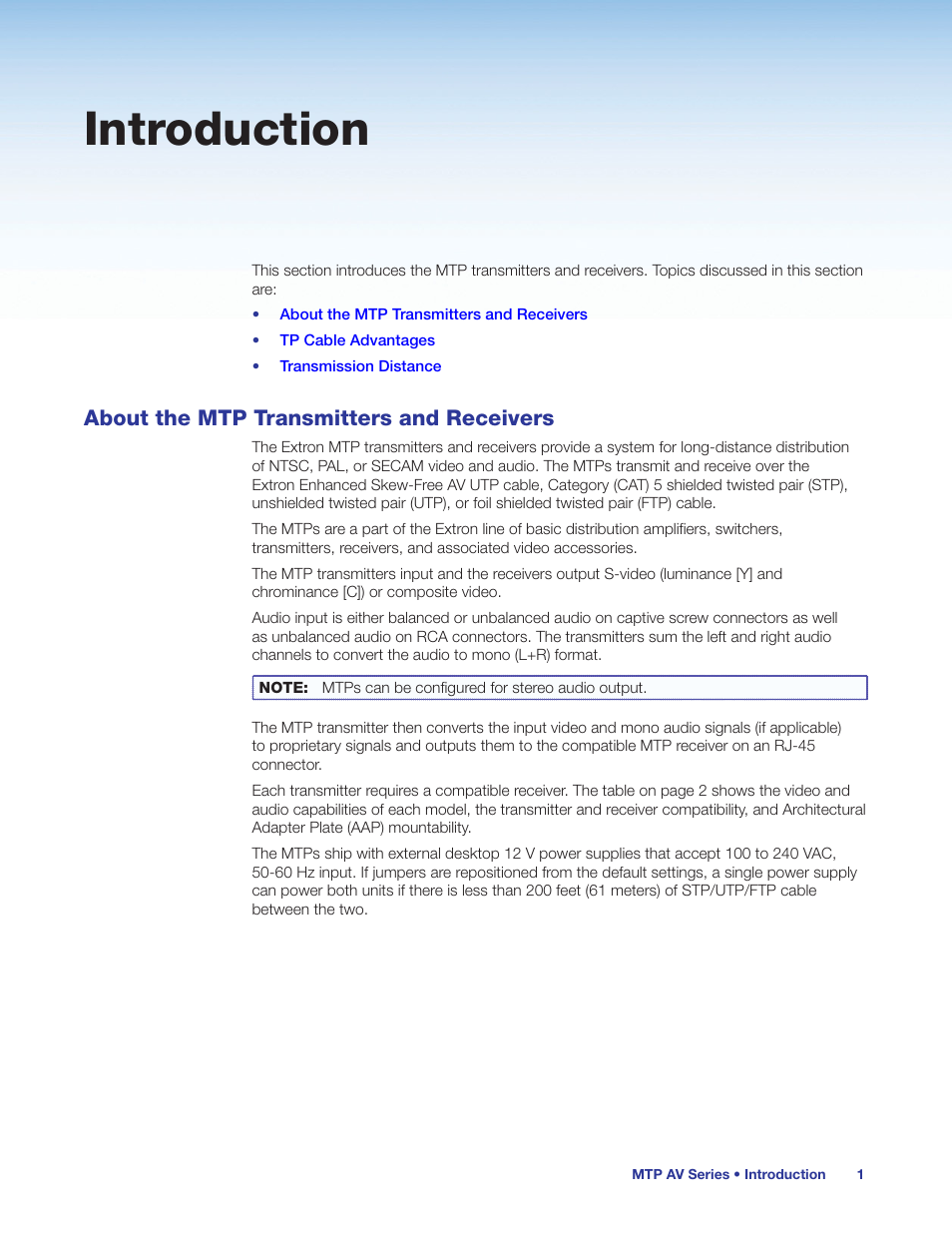 Introduction, About the mtp transmitters and receivers | Extron Electronics MTP AV Series User Guide User Manual | Page 7 / 23