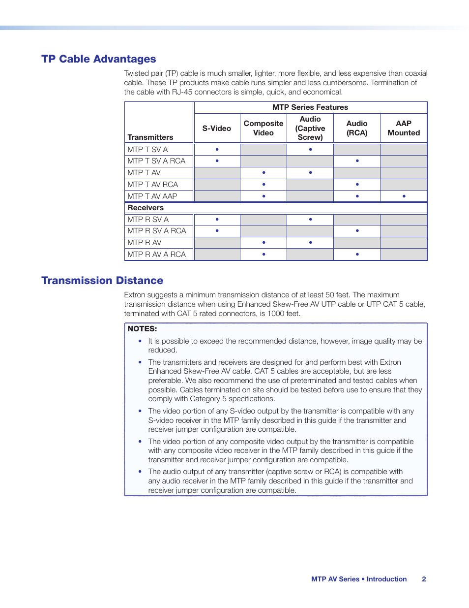 Tp cable advantages, Transmission distance, Tp cable advantages transmission distance | Extron Electronics MTP AV Series User Guide User Manual | Page 8 / 23