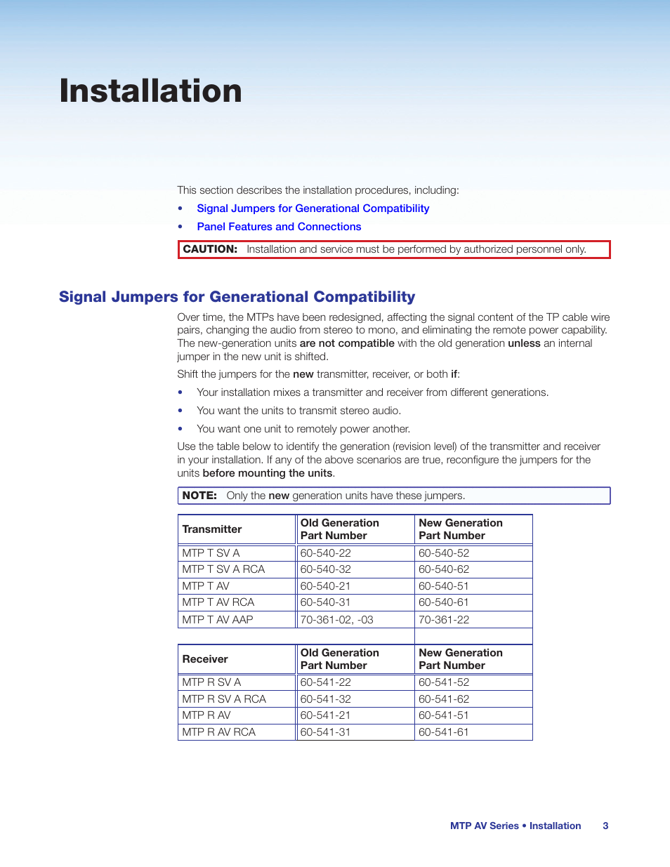 Installation, Signal jumpers for generational compatibility | Extron Electronics MTP AV Series User Guide User Manual | Page 9 / 23