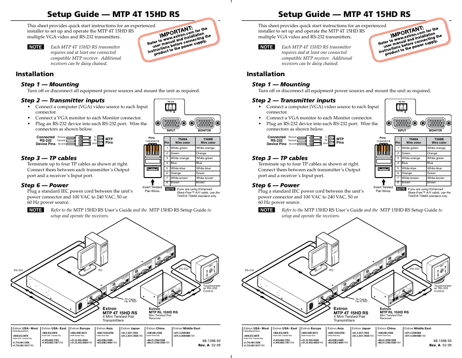 Extron Electronics MTP 4T 15HD RS Setup Guide User Manual | 1 page