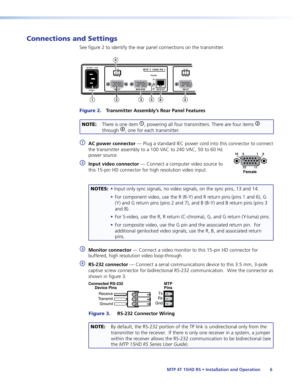 Connections and settings, Connections, And settings | Extron Electronics MTP 4T 15HD RS User Guide User Manual | Page 11 / 18