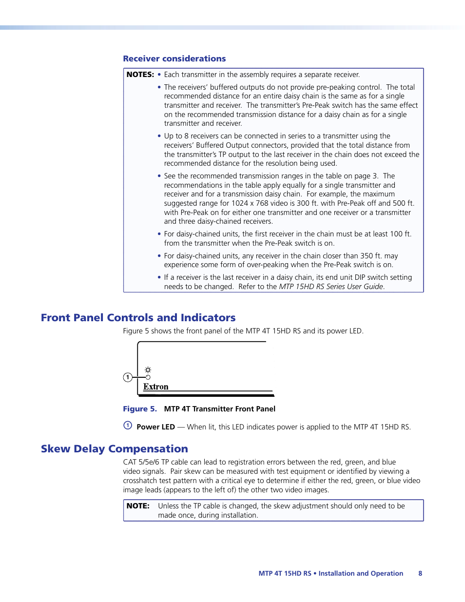 Front panel controls and indicators, Skew delay compensation | Extron Electronics MTP 4T 15HD RS User Guide User Manual | Page 13 / 18