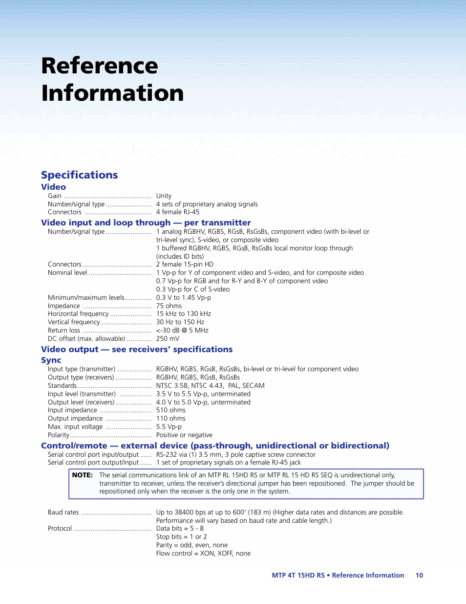 Reference information, Specifications | Extron Electronics MTP 4T 15HD RS User Guide User Manual | Page 15 / 18