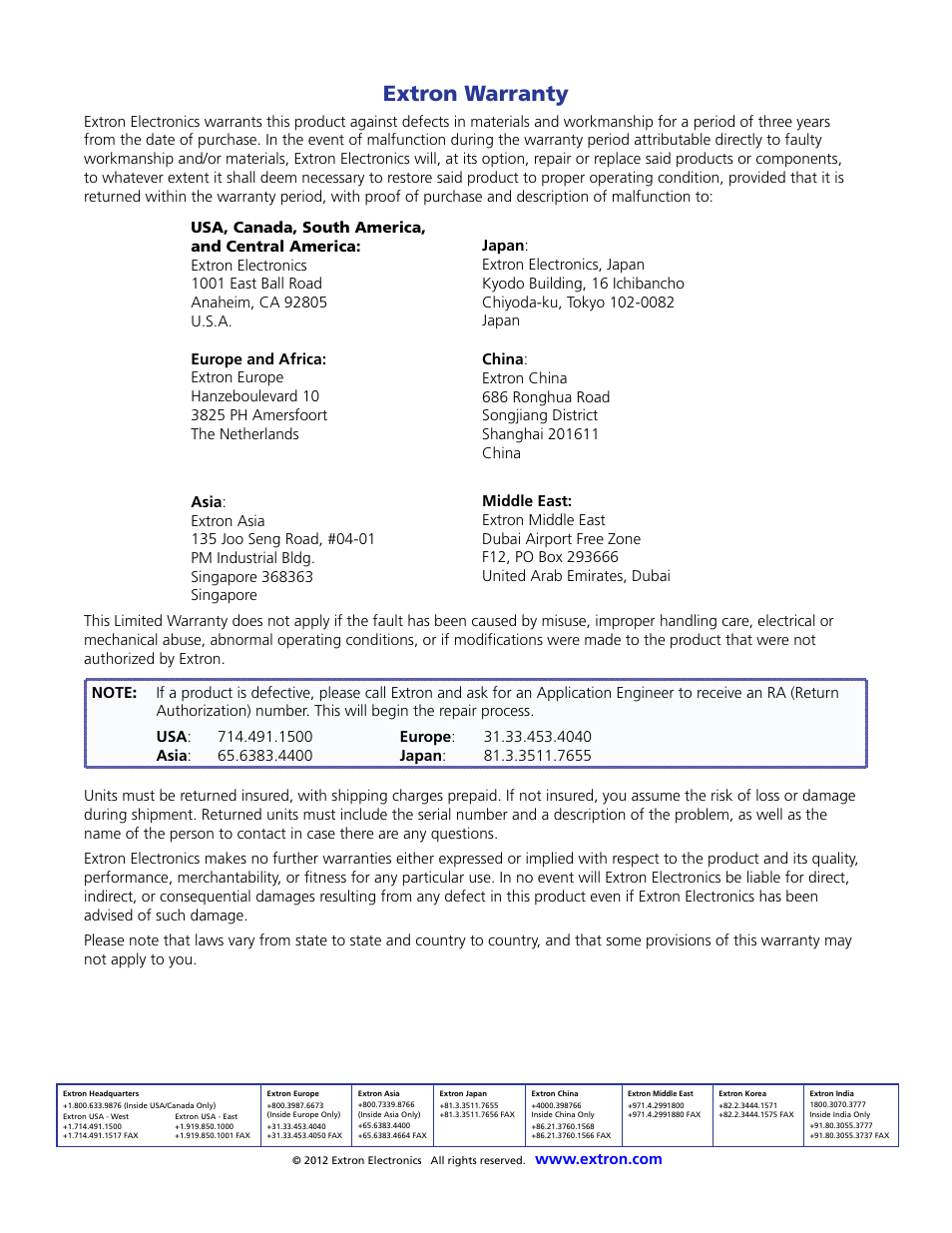 Extron warranty | Extron Electronics MTP 4T 15HD RS User Guide User Manual | Page 18 / 18