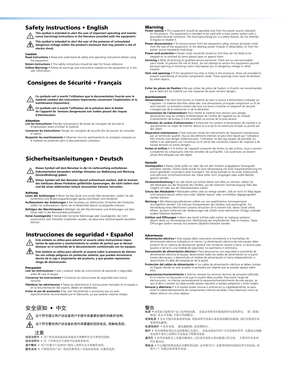 Safety instructions • english, Consignes de sécurité • français, Sicherheitsanleitungen • deutsch | Instrucciones de seguridad • español 安全须知 • 中文, Warning | Extron Electronics MTP 4T 15HD RS User Guide User Manual | Page 2 / 18