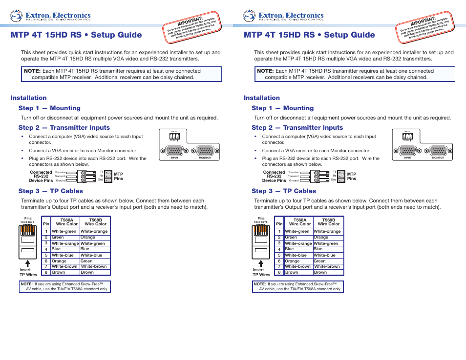 Extron Electronics MTP 4T 15HD RS Setup Guide User Manual | 2 pages