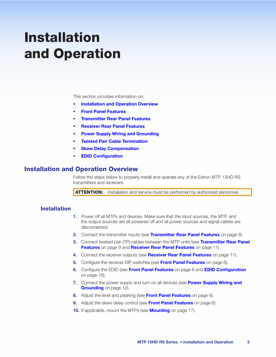 Installation and operation, Installation and operation overview, Installation | Table | Extron Electronics MTP 15HD RS Series User Guide Rev. C User Manual | Page 11 / 25