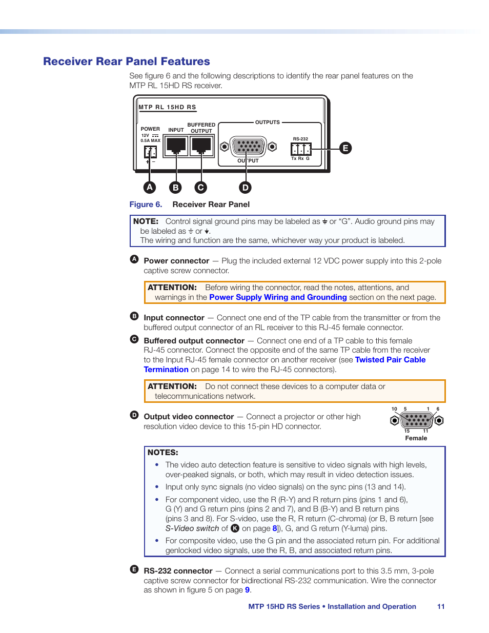 Receiver rear panel features, Eceiver outputs (see, Eb c d a | Extron Electronics MTP 15HD RS Series User Guide Rev. C User Manual | Page 17 / 25