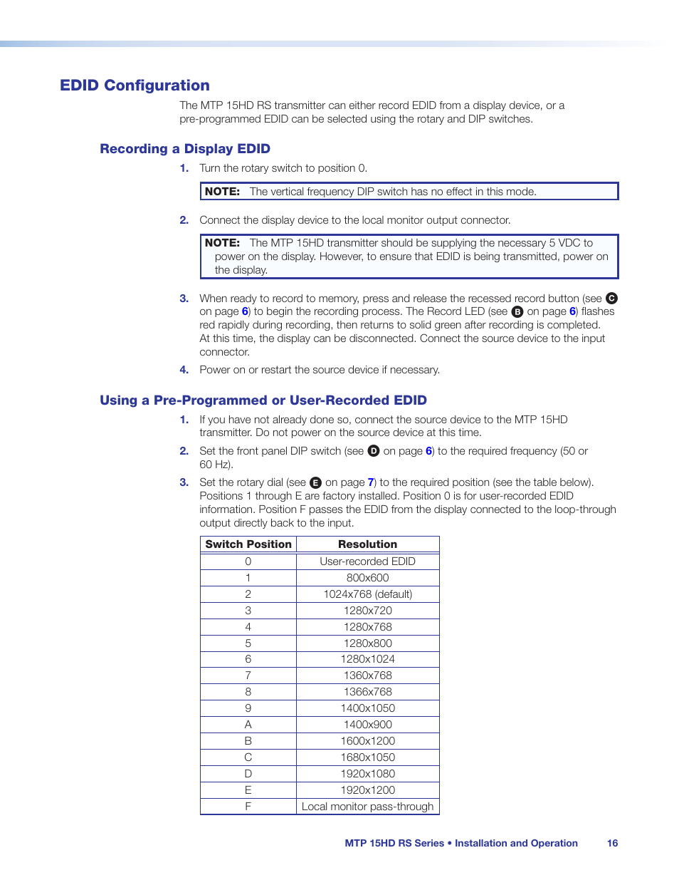 Edid configuration, Recording a display edid, Using a pre-programmed or user-recorded edid | Using a pre-programmed or, User-recorded edid | Extron Electronics MTP 15HD RS Series User Guide Rev. C User Manual | Page 22 / 25