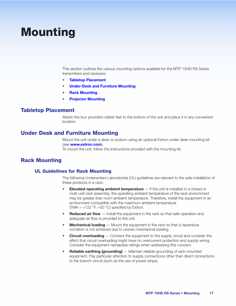 Mounting, Tabletop placement, Under desk and furniture mounting | Rack mounting, Ul guidelines for rack mounting | Extron Electronics MTP 15HD RS Series User Guide Rev. C User Manual | Page 23 / 25