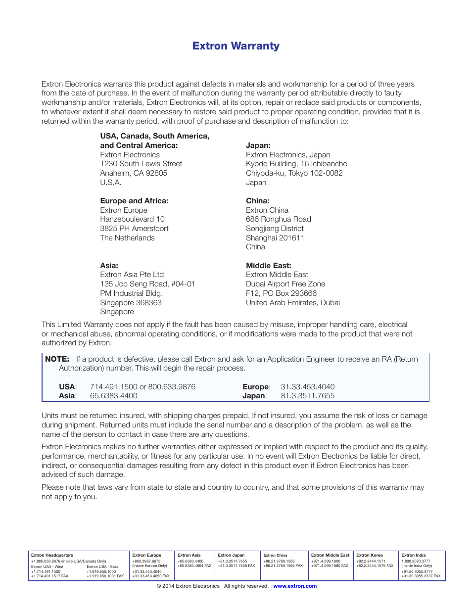 Extron warranty, Contact information extron warranty | Extron Electronics MTP 15HD RS Series User Guide Rev. C User Manual | Page 25 / 25