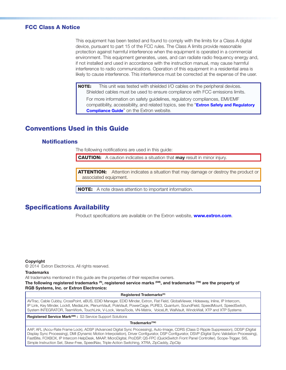 Fcc class a notice, Conventions used in this guide, Notifications | Specifications availability | Extron Electronics MTP 15HD RS Series User Guide Rev. C User Manual | Page 3 / 25