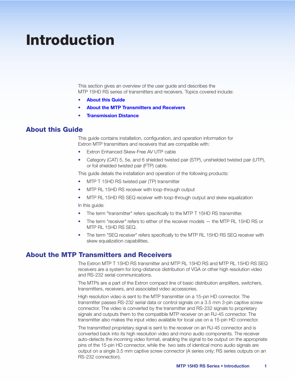 Introduction, About this guide, About the mtp transmitters and receivers | Extron Electronics MTP 15HD RS Series User Guide Rev. C User Manual | Page 7 / 25