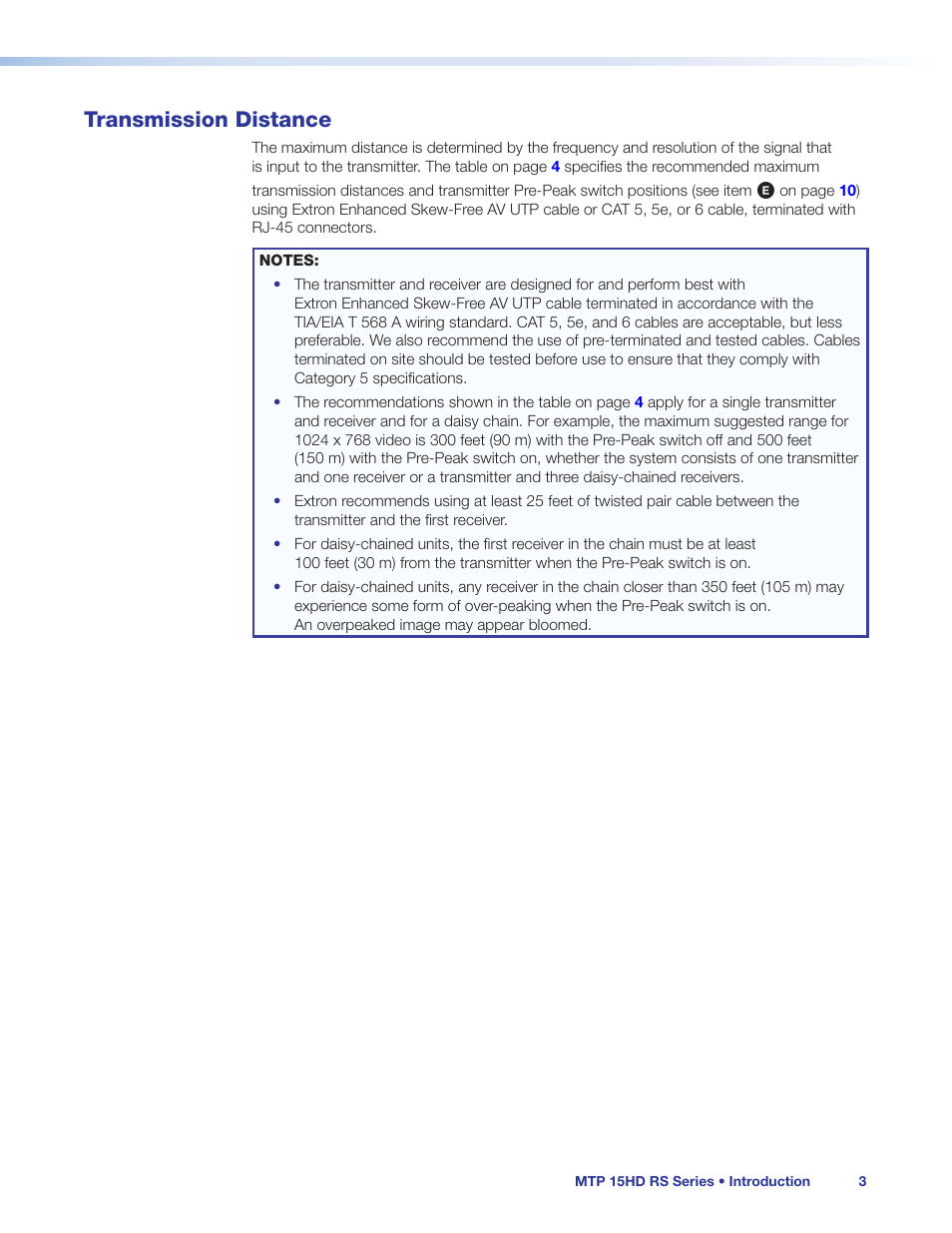 Transmission distance | Extron Electronics MTP 15HD RS Series User Guide Rev. C User Manual | Page 9 / 25