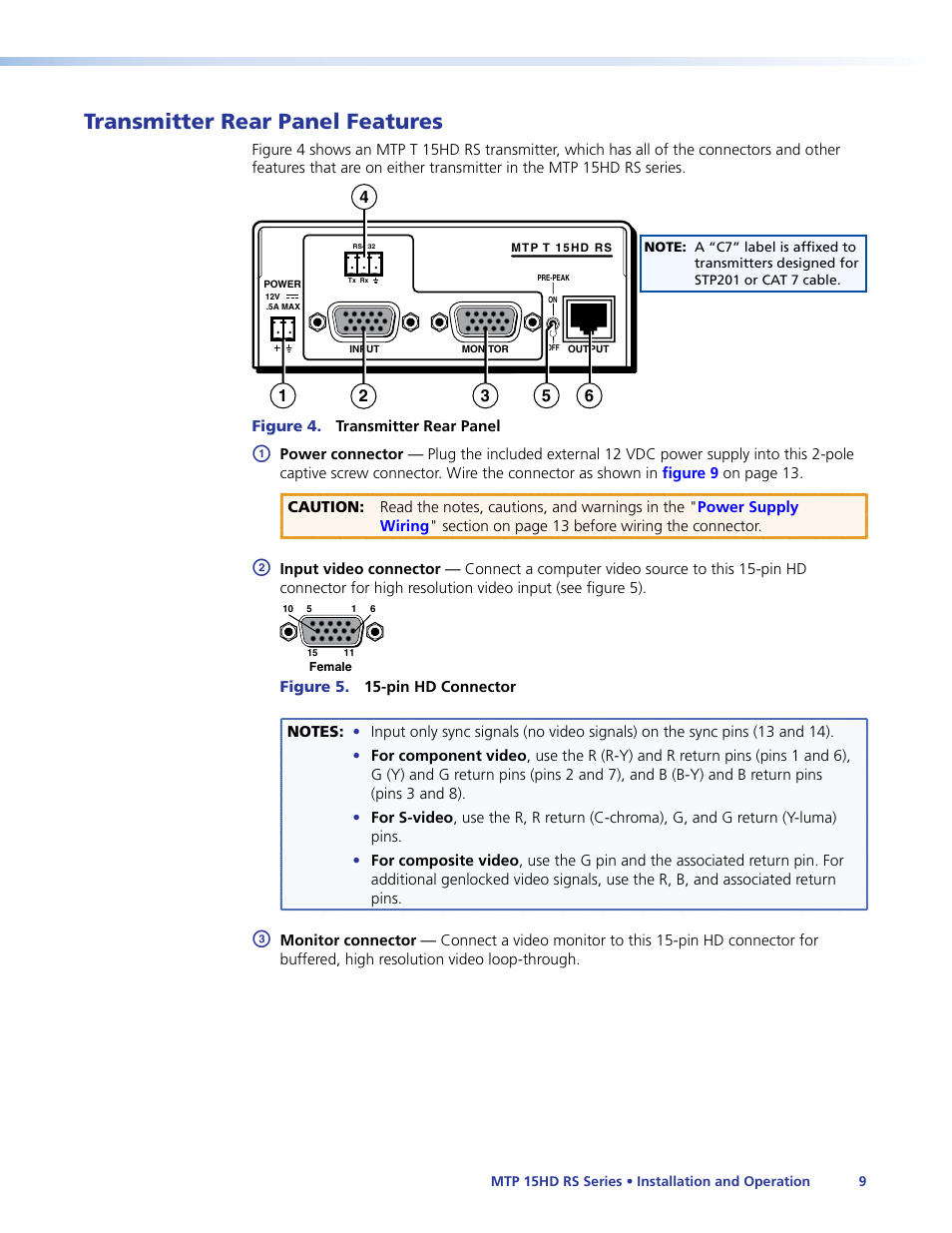 Transmitter rear panel features, Connect the transmitter inputs (see, Transmitter rear panel | Features | Extron Electronics MTP 15HD RS Series User Guide Rev. F User Manual | Page 13 / 26