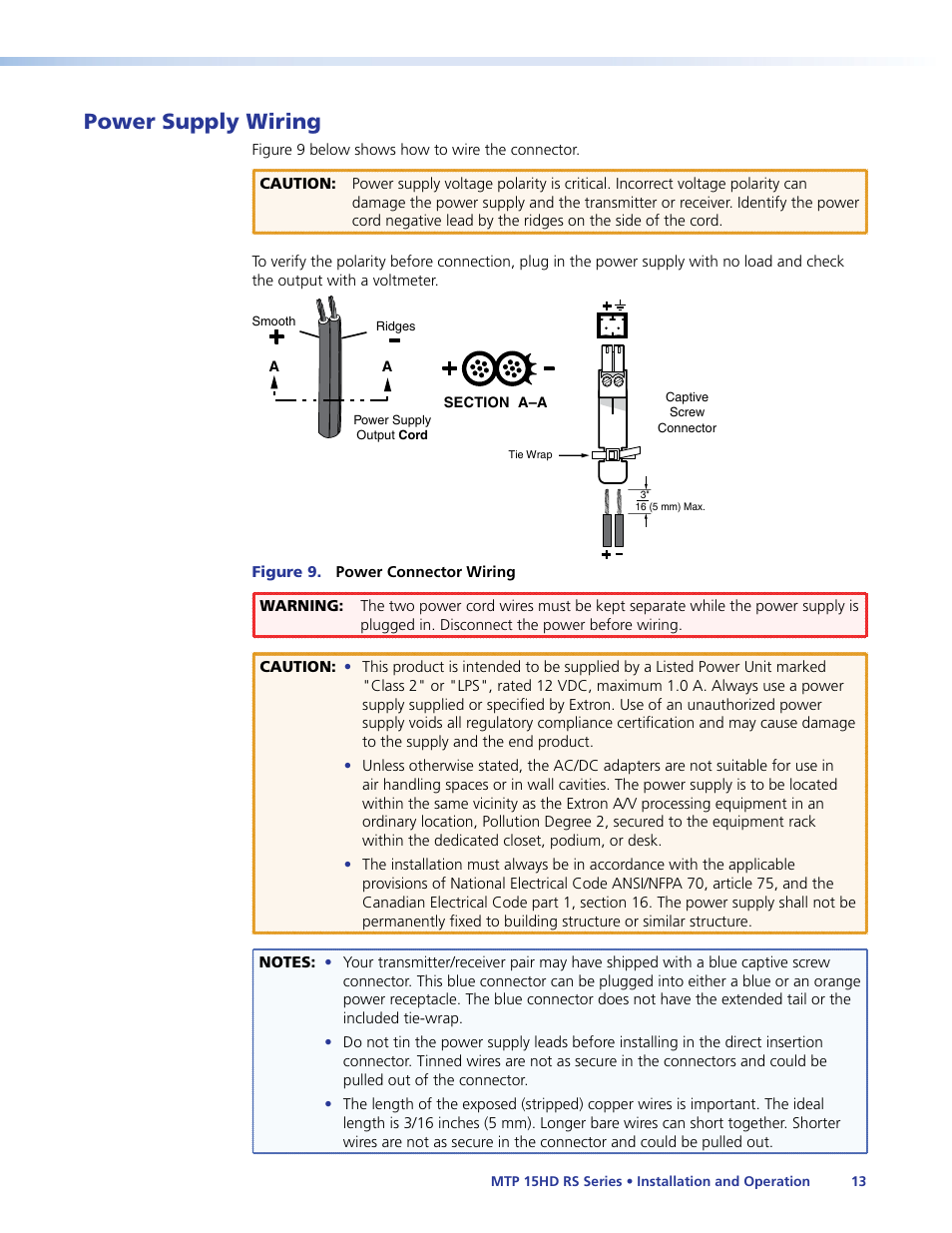 Power supply wiring, N on all devices (see, Figure 9 | Nings in the, Power supply, Wiring | Extron Electronics MTP 15HD RS Series User Guide Rev. F User Manual | Page 17 / 26