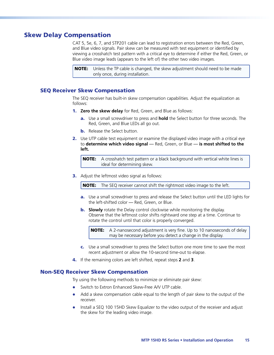 Skew delay compensation, Seq receiver skew compensation, Non-seq receiver skew compensation | Skew delay, Compensation | Extron Electronics MTP 15HD RS Series User Guide Rev. F User Manual | Page 19 / 26